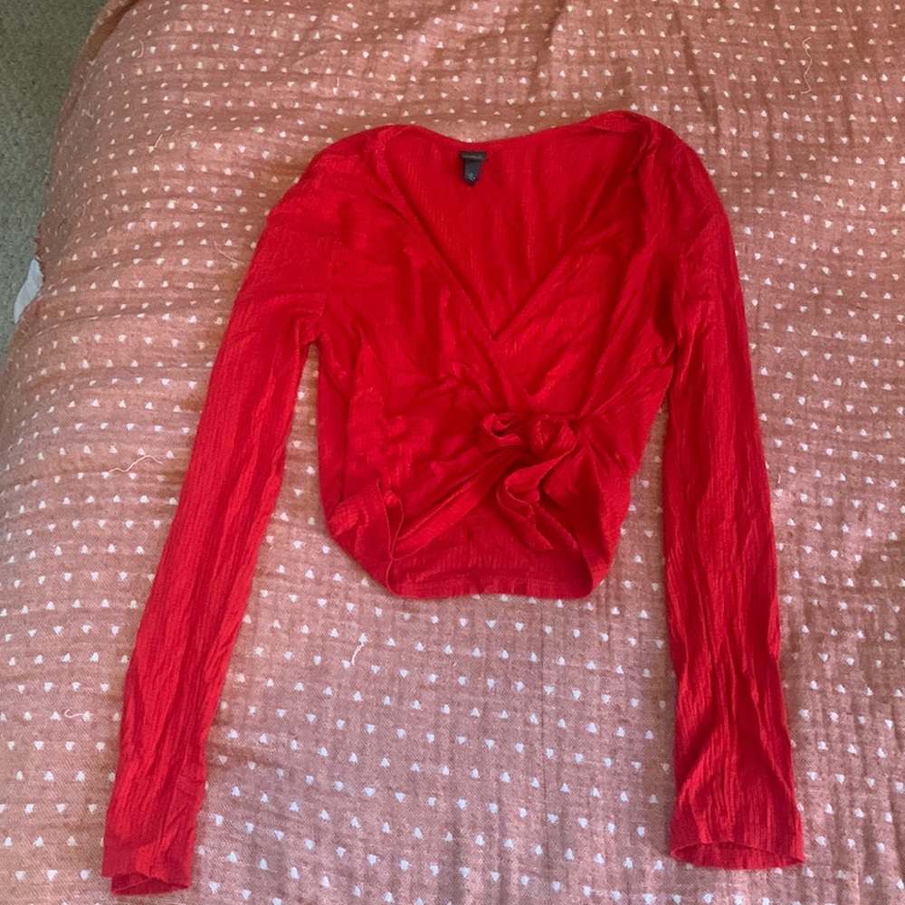 Wild Fable Red Ribbed Long Sleeve Wrap-around Top